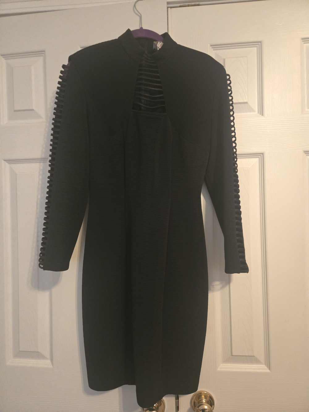 Cache Black Long-Sleeve Cutout Sheath Dress with Ladder Sleeve Detail